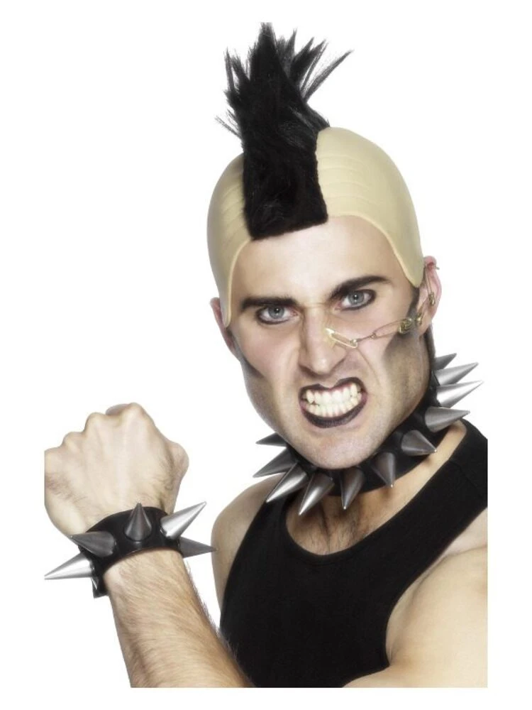 Smiffys Punk Choker And Wristband, Silver 1 Smiffys Punk Choker And Wristband, Silver