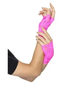 Smiffys 80s Fingerless Lace Gloves, Neon Pink