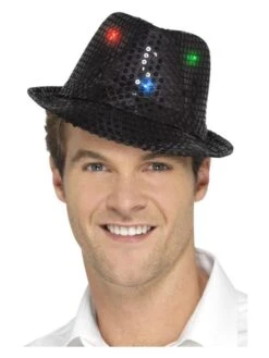 Smiffys Light Up Sequin Trilby Hat, Black