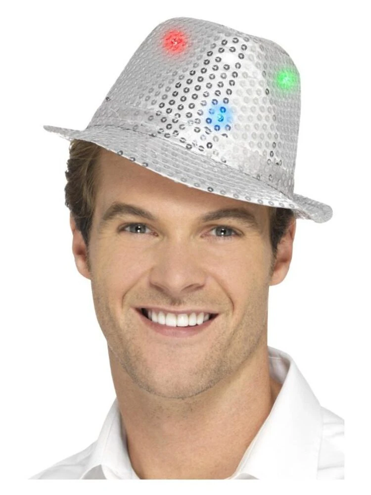 Smiffys Light Up Sequin Trilby Hat, Silver 1 Smiffys Light Up Sequin Trilby Hat, Silver