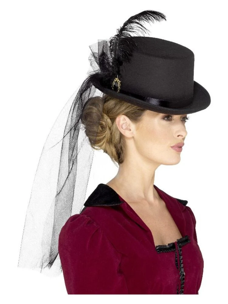 Smiffys Deluxe Ladies Victorian Top Hat, With Elastic, Bla 1 Smiffys Deluxe Ladies Victorian Top Hat, With Elastic, Bla